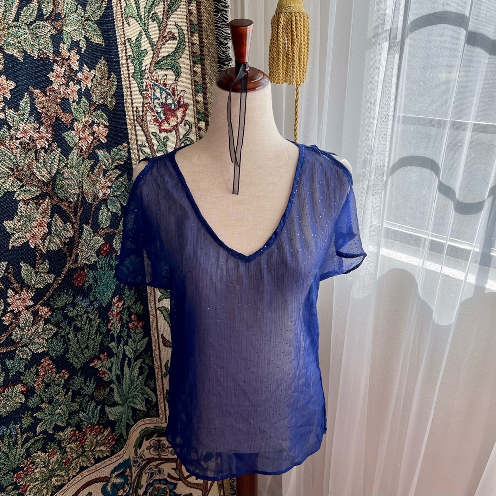 Sheer Dark Blue Vneck Cold Shoulder Blouse with Gold Glitter Pattern
